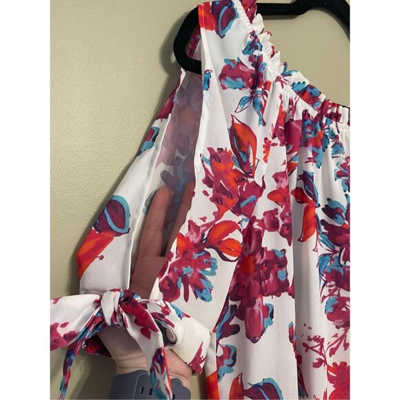 Devlin Womens White Pink Floral Cold Shoulder Off the Shoulder Blouse Medium - Picture 3 of 14